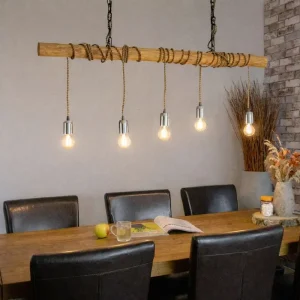 Baumstamm-Hängelampe | Einar | Old Naturel | Mit Kette und beigem Stoffkabel | 5 Lichtpunkte | 120 cm