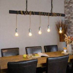 Baumstamm-Hängelampe | Vigo | Schwarz | Mit Kette und beigem Stoffkabel | 5 Lichtpunkte | 120 cm